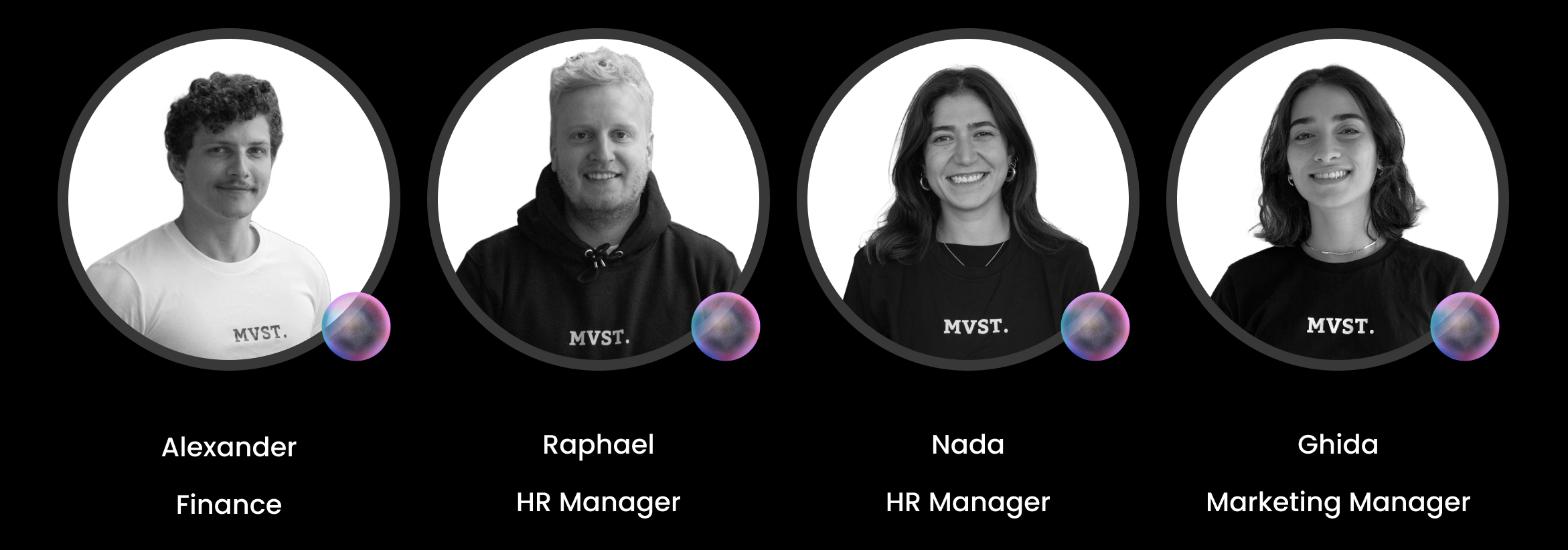 Photos, Names, and Roles of the Finance, HR, and Marketing Team at MVST