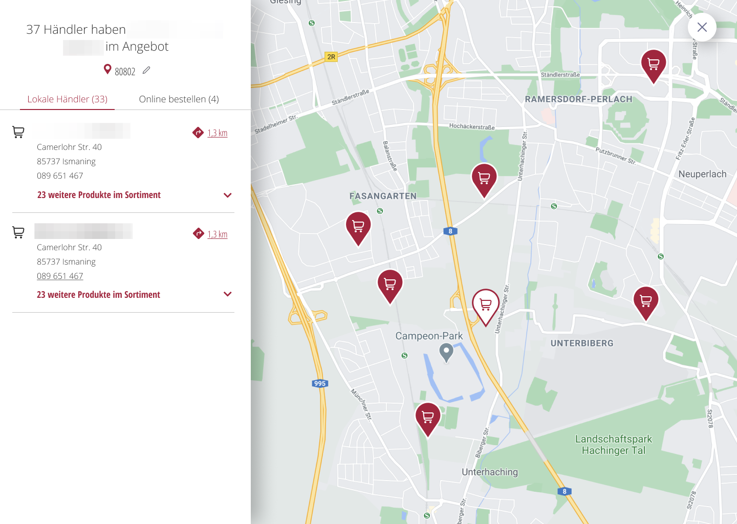 Results of Shopfinder showing the different locations where the product is found