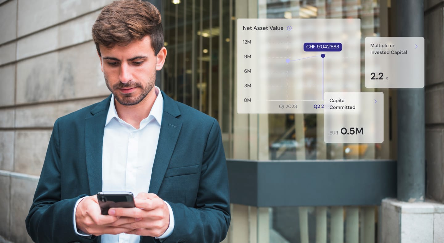 Man looking at phone and graphs shown on the side of investment metrics