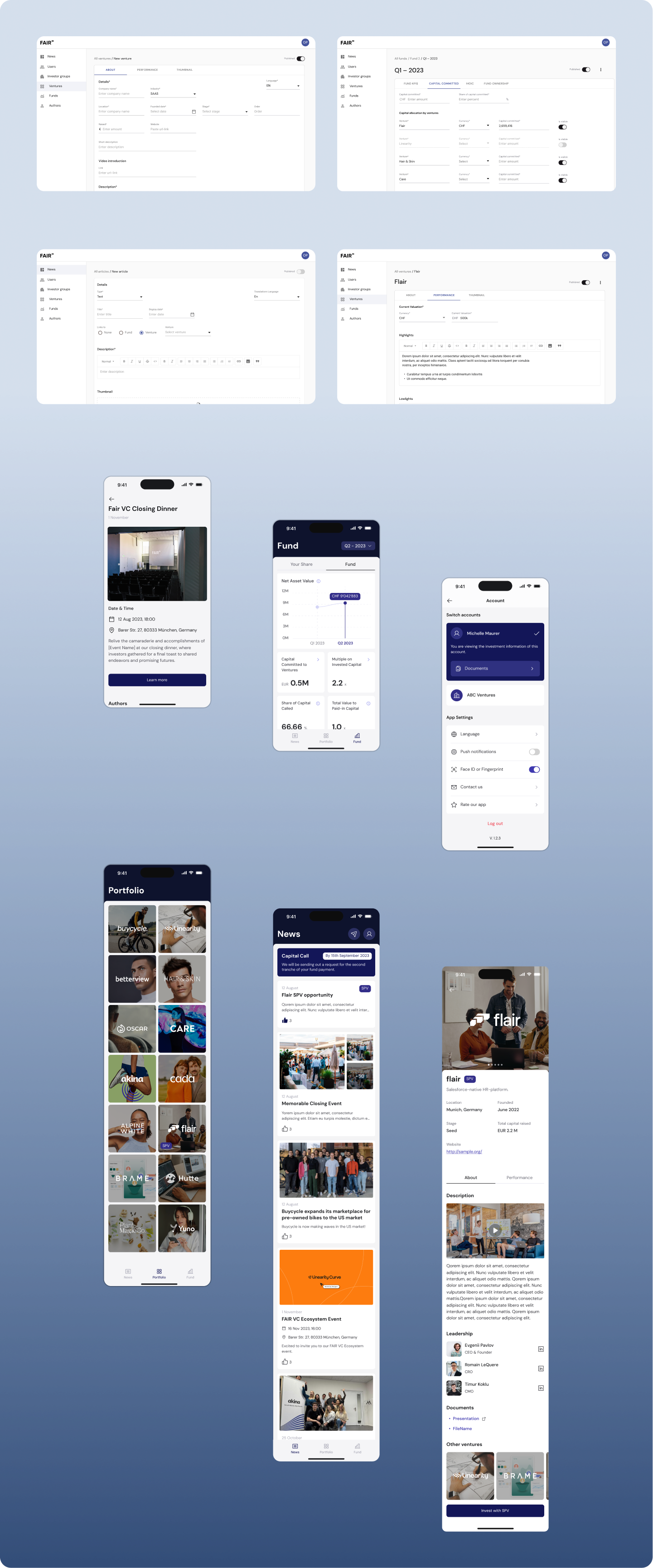 Multiple screens of products MVST built for FAIR VC, the backoffice app and the mobile app for investors