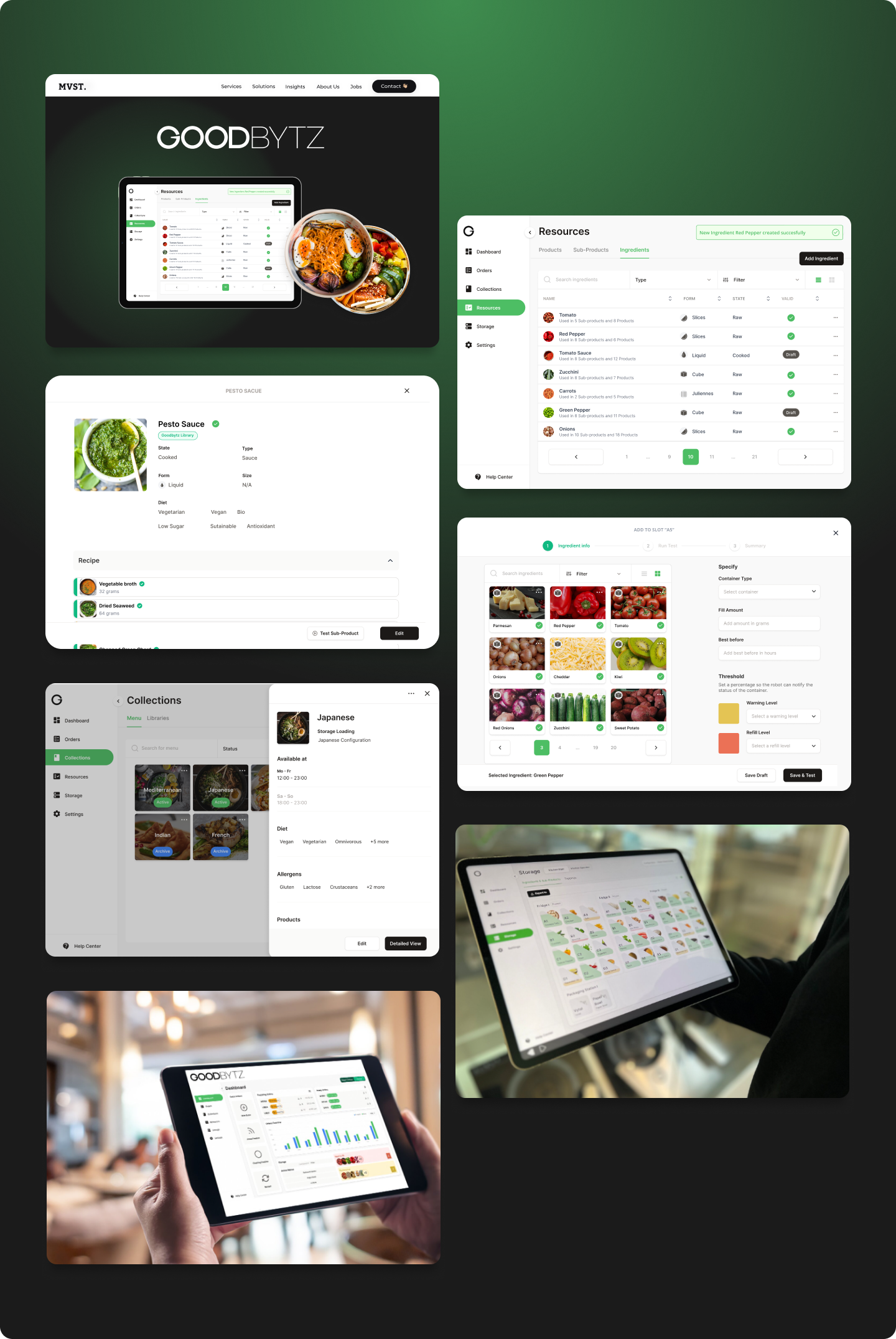 Screens of the web app for ingredient management, meal planning and preparation,analytics