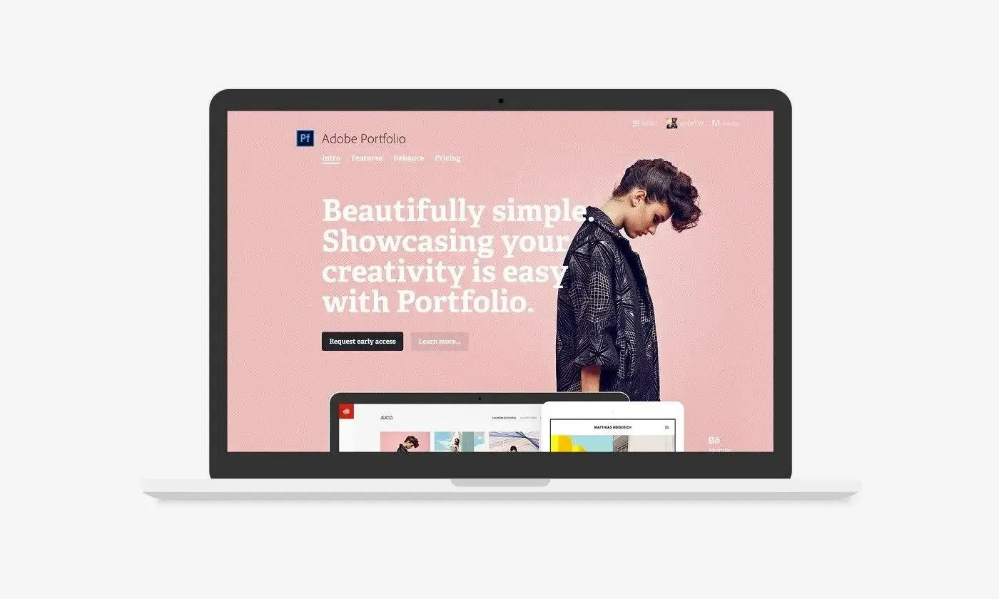 Screen showing a Adobe Portfolio with a woman looking down and pink background.