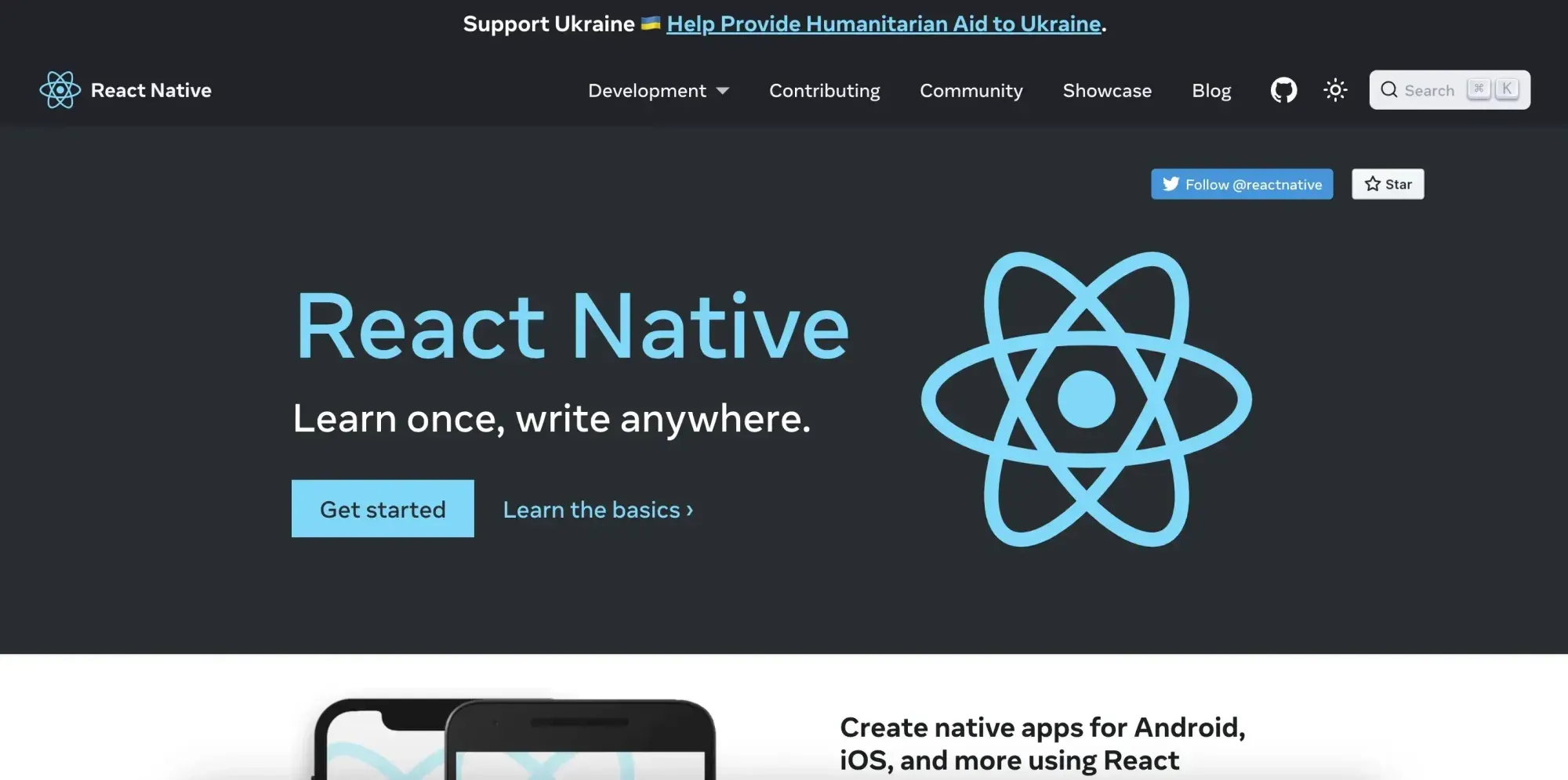 Grey and white background, light blue font showing a logo and "React Native".