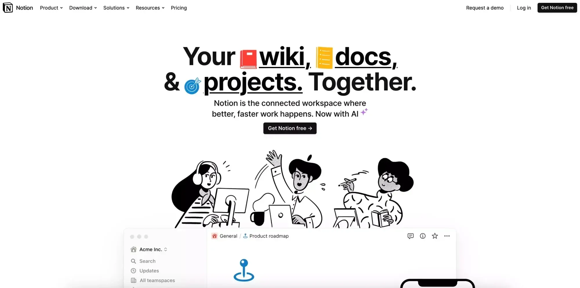 Screenshot from the Notion Homepage, three illustrated people working on computers.