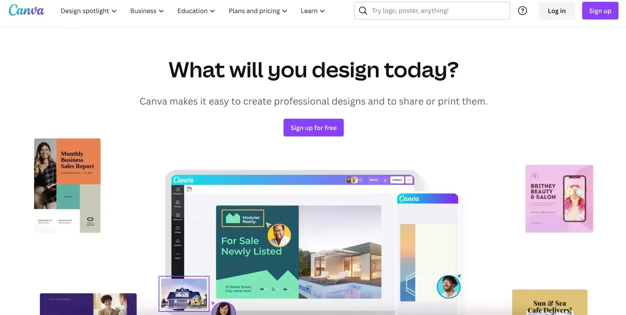 Screenshot for a website. White background, five screens with different colorful designs, header spells "What will you design today?"