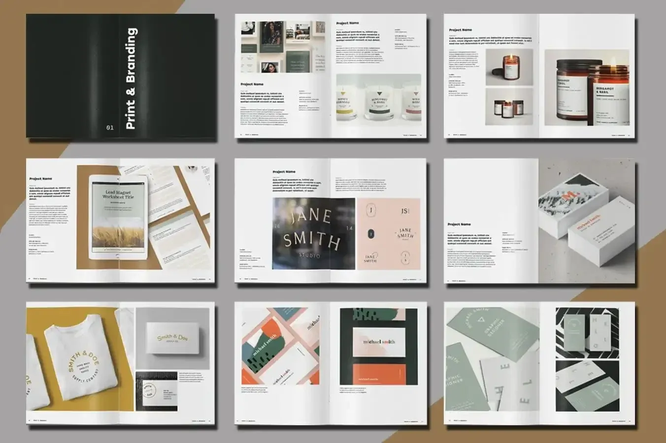Pages of a "print & branding" magazine on grey and brown background.