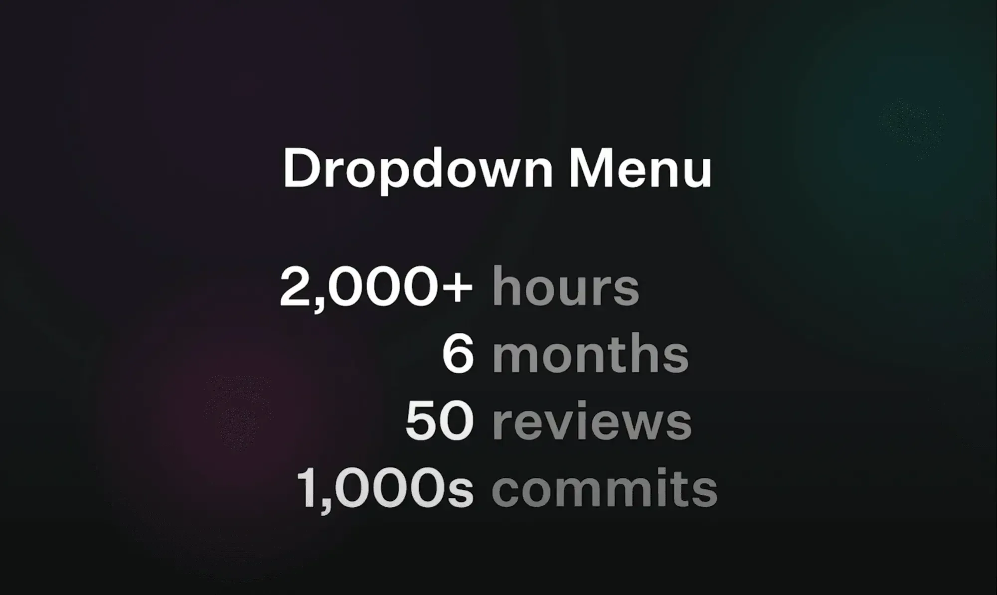 Black Screen with white and green letters on it saying "Dropdown Menu 2,000+ hours, 6 months, 50 reviews, 1,000s commits".